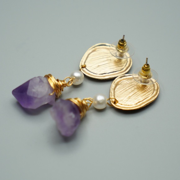 jewelry gold plated drop natural earrings amethyst - Picture 8 of 8